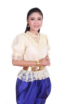 woman wearing typical thai dress isolated on white background, identity culture of thailand