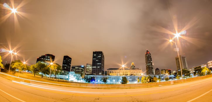 Cleveland downtown at twilight blue hour.