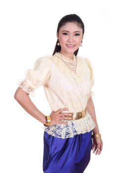 woman wearing typical thai dress isolated on white background, identity culture of thailand