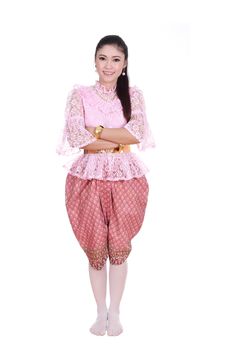 woman wearing typical thai dress isolated on white background, identity culture of thailand