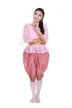 woman wearing typical thai dress thinking isolated on white background, identity culture of thailand