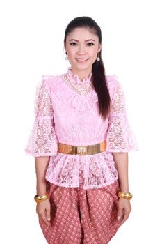 woman wearing typical thai dress isolated on white background, identity culture of thailand