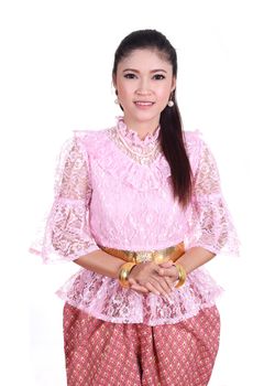 woman wearing typical thai dress isolated on white background, identity culture of thailand