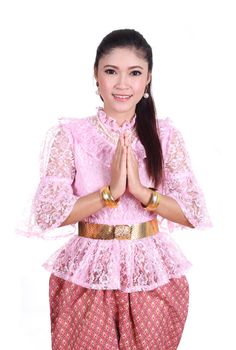 woman wearing typical thai dress pay respect isolated on white background, identity culture of thailand