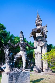 Buddha park in Vientiane, Laos. Famous travel tourist landmark of Buddhist stone statues and religious figures