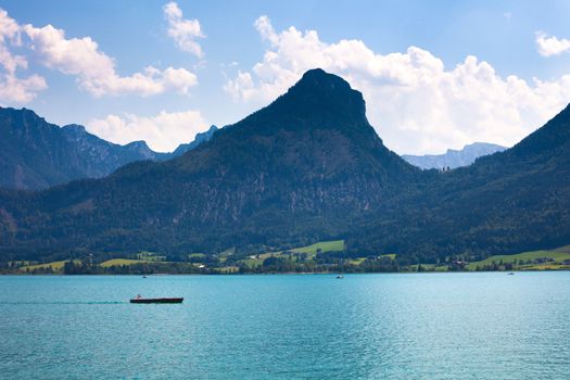 Wolfgang See lake with Sparber and Bleckwand peaks, Alps mountains, Austria