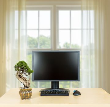 Small old bonsai tree in golden pot on plain wooden desk with computer monitor and keyboard to suggest calm, organization and meditation at work or in home office