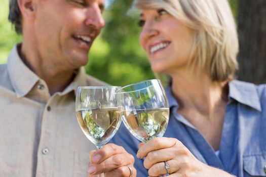 Midsection of romantic couple toasting wine glasses in park
