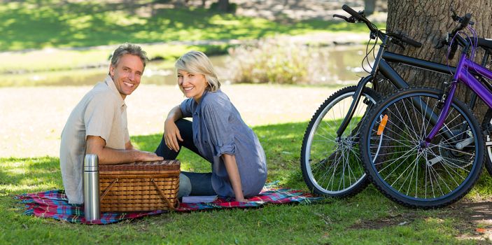 Portrait of smiling couple with picnic basket in a park