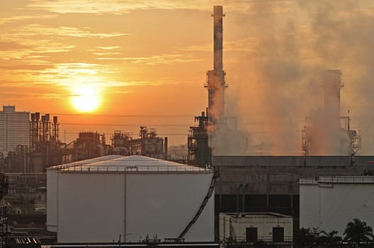 Oil Refinery factory at sunset