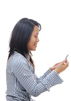 Asian lady smiling and texting on smartphone