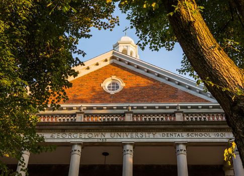 Entrance to old building for School of Medicine and Dentistry and Georgetown University Hospital in Washington DC