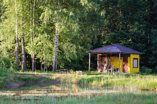 rustic steam wooden bathhouse to green birch forest