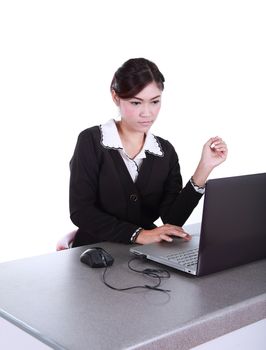 Business woman with a laptop - isolated on white background