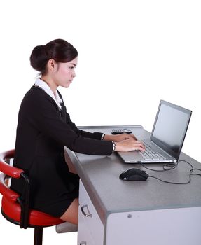 Business woman with a laptop - isolated on white background