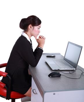 Business woman with a laptop - isolated on white background