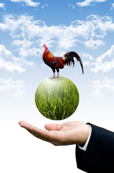 Businessman show the green planet with chicken, Organic farm concept