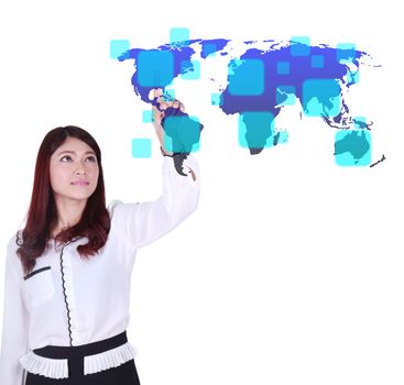 business woman pushing a button on a world map touch screen interface (choose America)