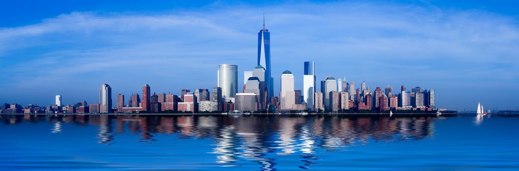 Panorama of lower Manhattan of New York City from Exchange Place at dusk with World Trade Center at full height of 1776 feet
