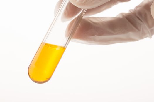 Orange liquid in test tube ready for analysis.