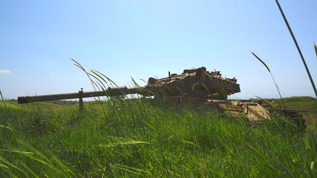Old Israeli tank in the tall grass against blue sky. HDR photo.