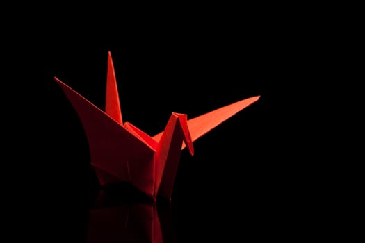 red origami paper crane on black with reflection