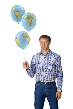 Portrait young man holding balloons with image of world map. white background