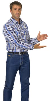 Portrait man holding hands in front of him. white background