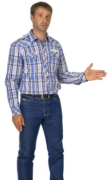 Portrait of young man pointing left hand side. white background