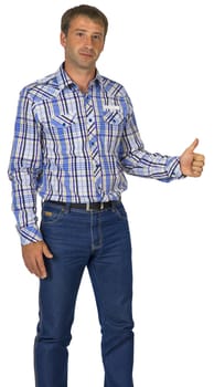 Portrait of young man showing thumb up. white background