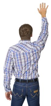 Portrait of a young man raised his hand up. Back view. White background