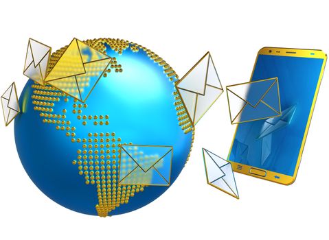 A lot of envelopes, as e-mail or sms, sent to the mobile phone with blue screen. 3d illustration concept background.