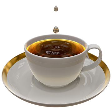 Cup of tea or coffee on a saucer on white background