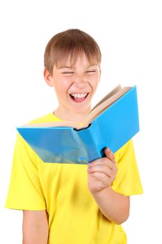 Cheerful Kid with a Book Isolated on the White Background
