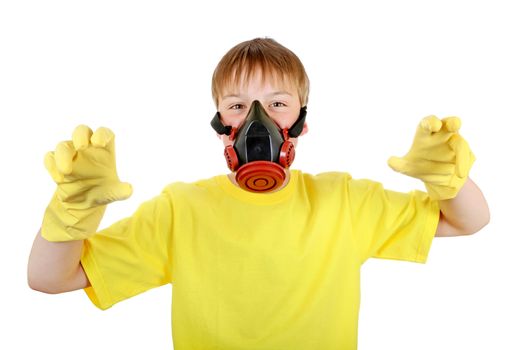 Kid in Gas Mask and Rubber Gloves Isolated on the White Background