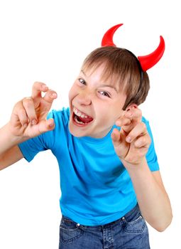 Sly Kid with Devil Horns on the Head Isolated on the White Background