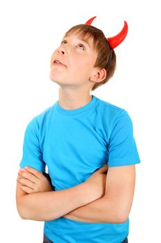 Pensive Kid with Devil Horns Isolated on the White Background