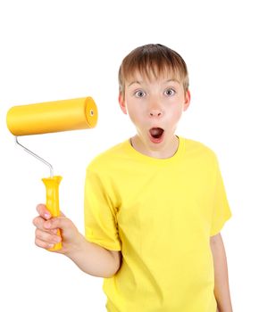 Surprised Kid with Paint Roller Isolated on the White Background