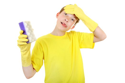 Annoyed Kid with Bath Sponge and Rubber Gloves Isolated On The White Background