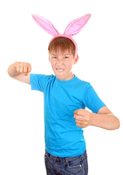 Kid with Bunny Ears threaten with a Fist Isolated on the White Background