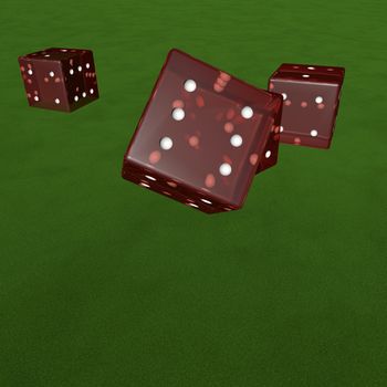 Rolling dice over green carpet, 3d render