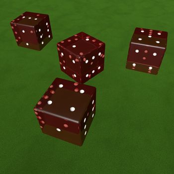 Rolling dice over green carpet, 3d render