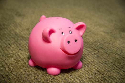 Pink piggy bank on green carpet