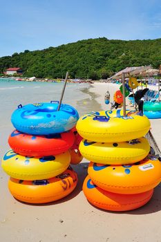 colorful life buoy on the beach at koh lan pattaya, thailand