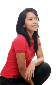 Relaxed asian teen girl wearing red shirt