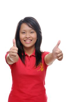 Asian girl in red shirt with thumbs up