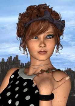 3D digital render of a beautiful retro girl on a cityscape and a blue sky background