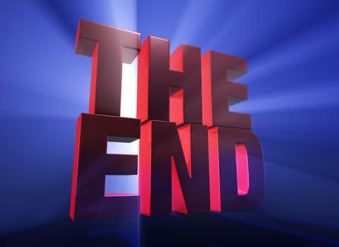 Viewed at a dramatic angle, a bold, red "THE END" stands on a dark blue background brilliantly backlit with light rays shining through.