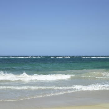 Green tropical ocean waves crashing onto the beach