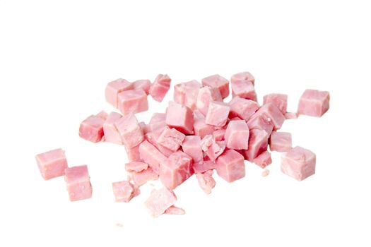 Cubes of ham on white background